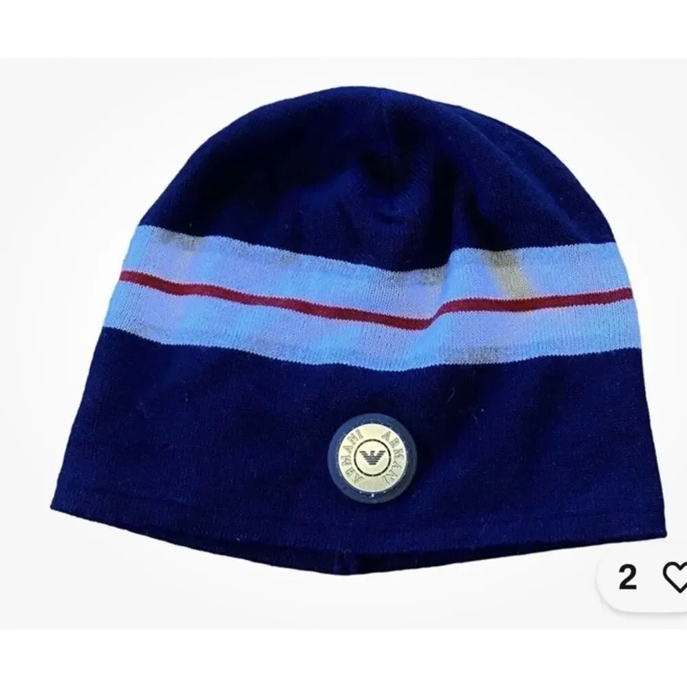 Armani Junior Baby Boys Wool Blend Beanie Hat Blue Italy Medallion Logo